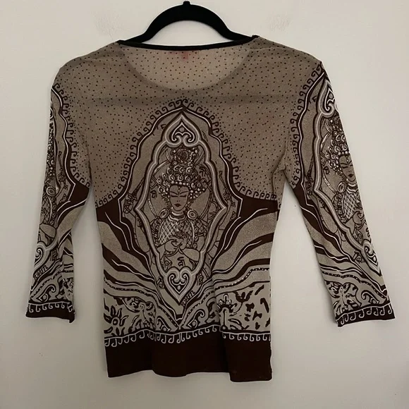 Vintage Noun Paris Tribal Print Y2K 3/4 Sleeve Knit Top BrownBeige made n France - Picture 5 of 11